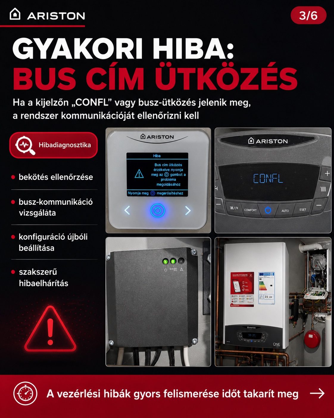 Ariston BUS cím ütközés és CONFL hiba diagnosztika kazánvezérlésnél