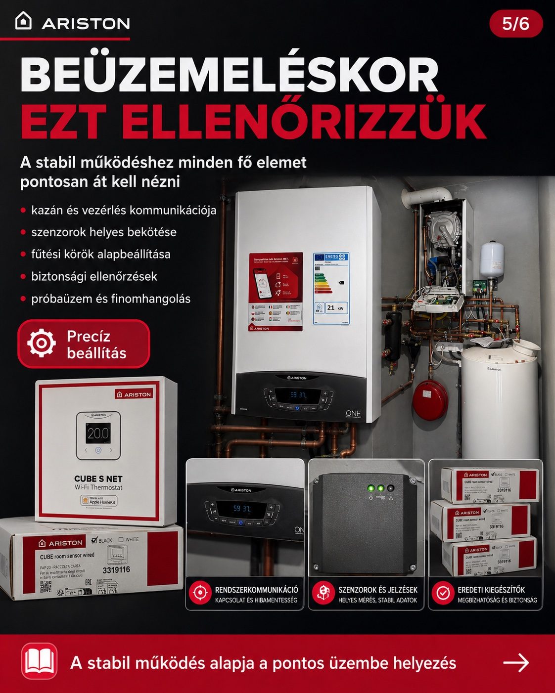 Ariston kazán beüzemeléskor ellenőrzött fő elemek Cube S Net vezérléssel