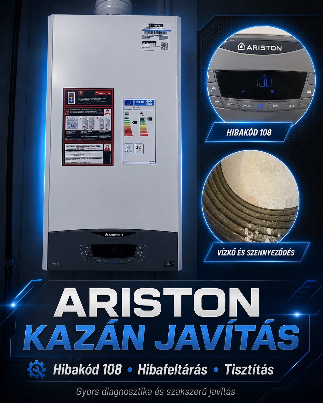 Ariston kazán javítás 108 hibakód vízkő és szennyeződés ellenőrzésével