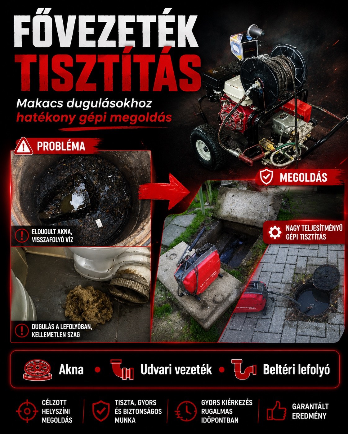 Fővezeték tisztítás akna, udvari vezeték és beltéri lefolyó dugulás esetén